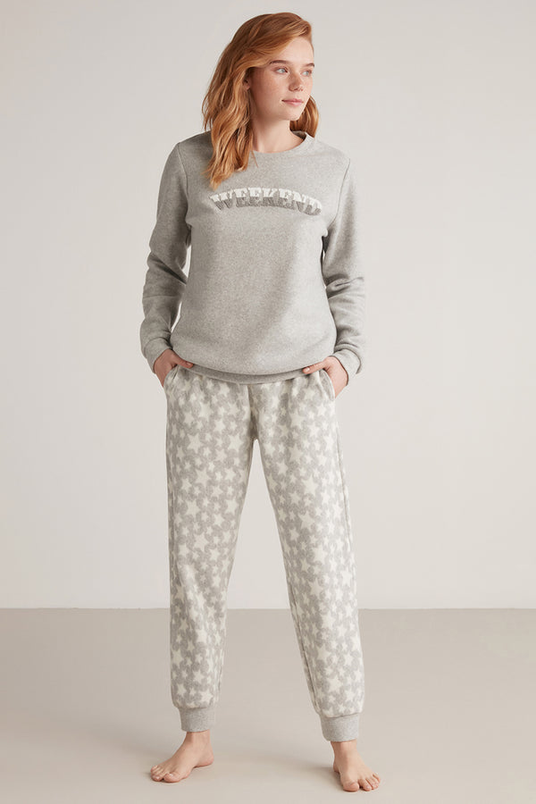 Pyjama femme gris à pantalon motif étoiles