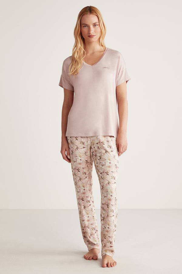 Pyjama rose quartz à pantalon fleuri