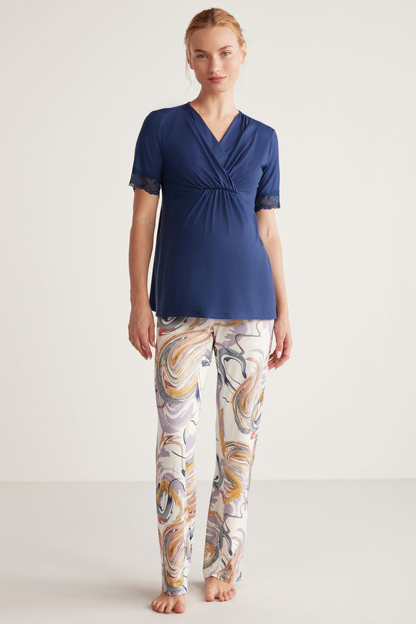 Pyjama maternité à haut bleu uni et pantalon imprimé