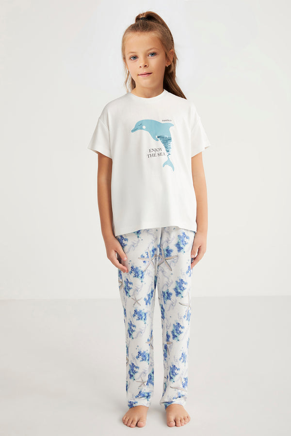 Pyjama fille à haut blanc et pantalon motif fleuri