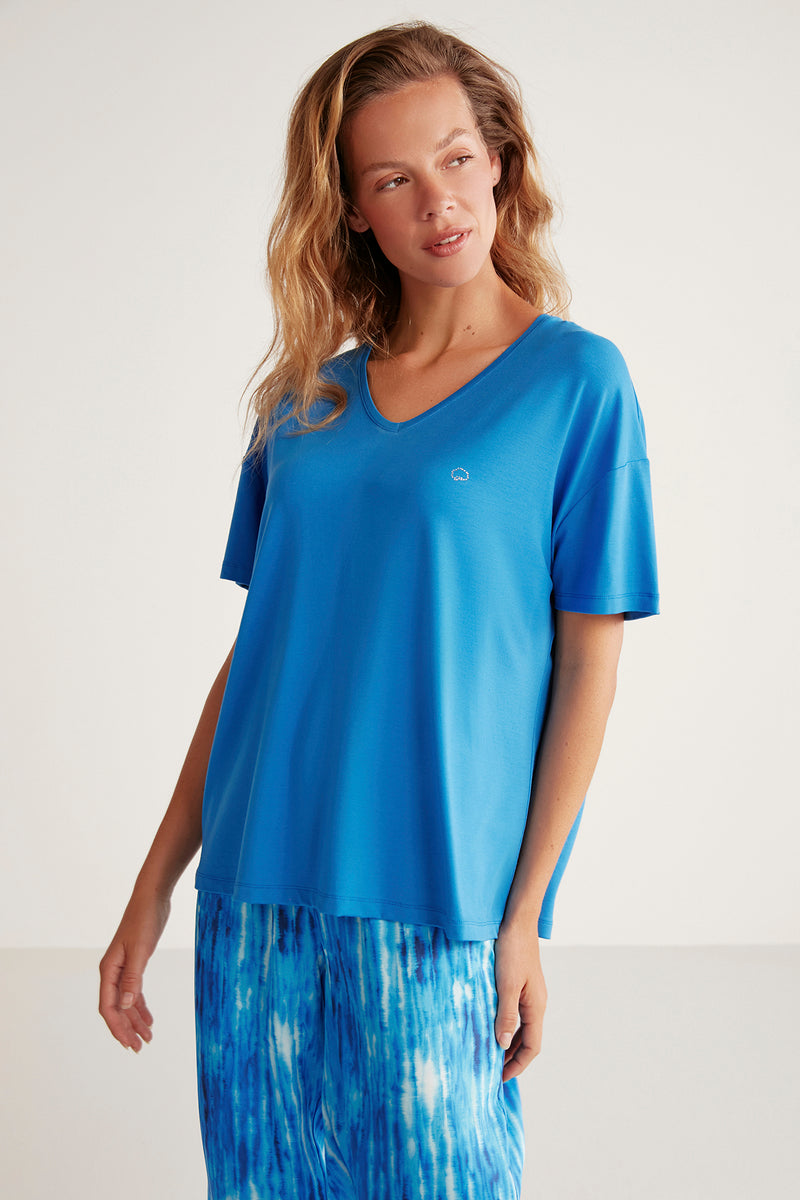 Pyjama bleu à t-shirt uni et pantalon imprimé