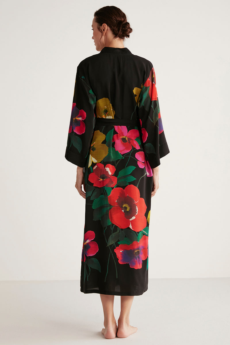 Ensemble robe de chambre motif floral et nuisette noir unie avec dentelle
