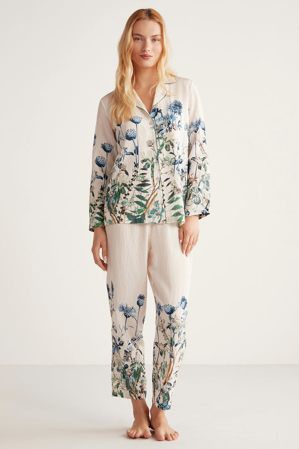 Pyjama blanc à boutons imprimé tropical
