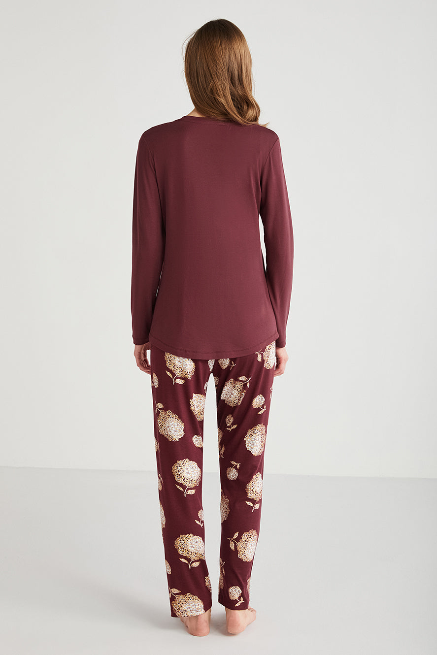 Pyjama à haut bordeaux uni et pantalon imprimé à motif floral CN