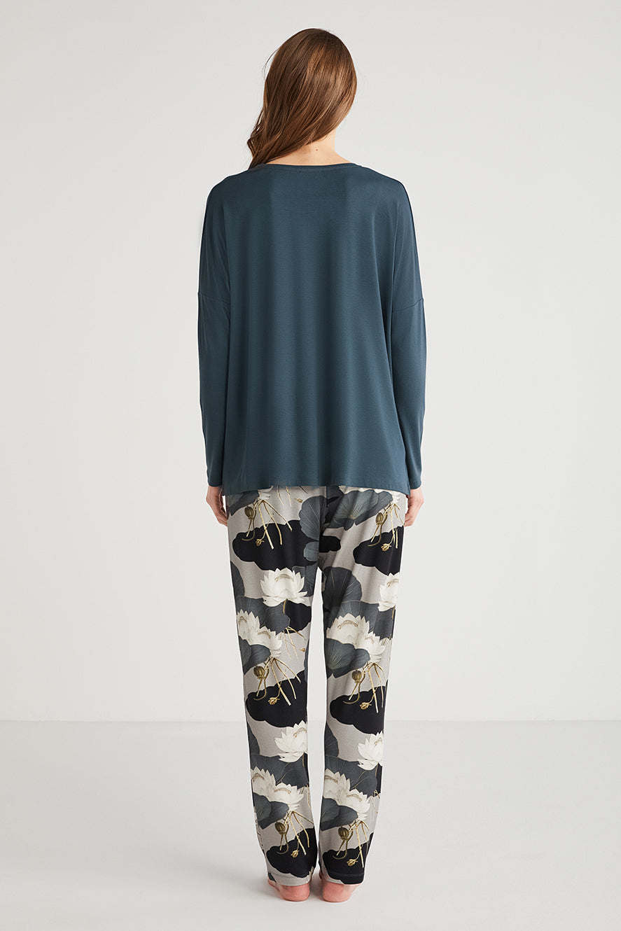 Pyjama bleu pétrole à pantalon imprimé CN