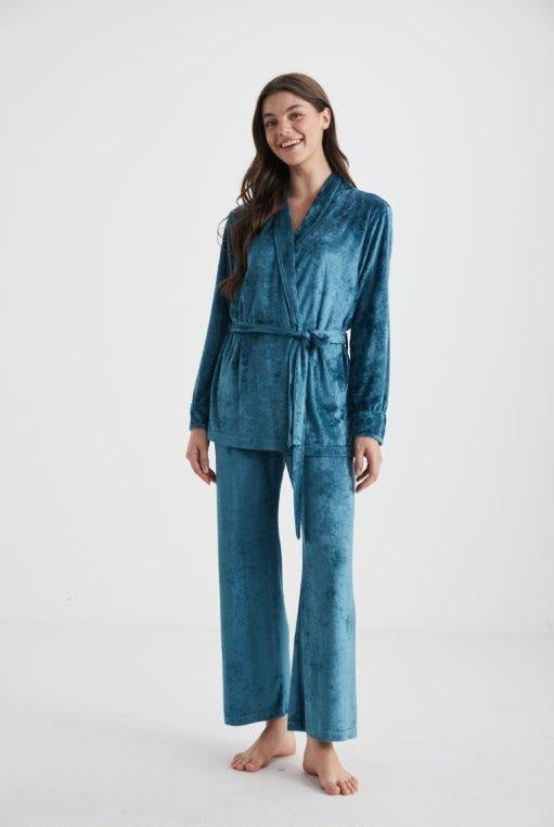 Ensemble pantalon et peignoir en velour bleu uni