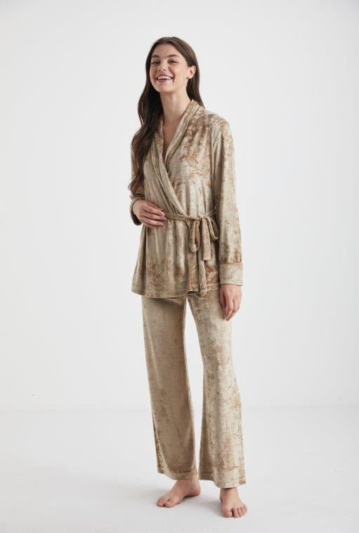 Ensemble pantalon et peignoir en velour beige uni