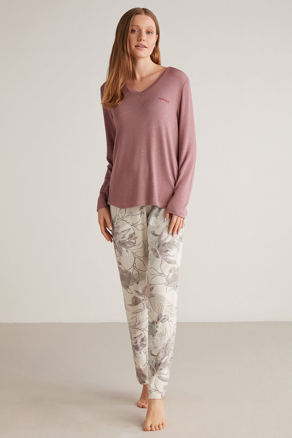 Pyjama à haut parme foncé uni et pantalon à imprimé floral