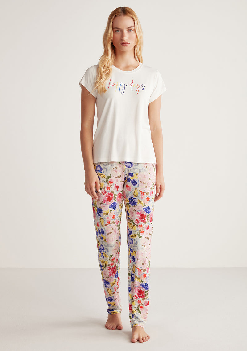 Pyjama à haut blanc neige et pantalon à motif fleuri