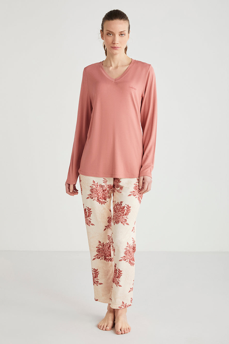 Pyjama femme à haut rose et pantalon à motif floral CN