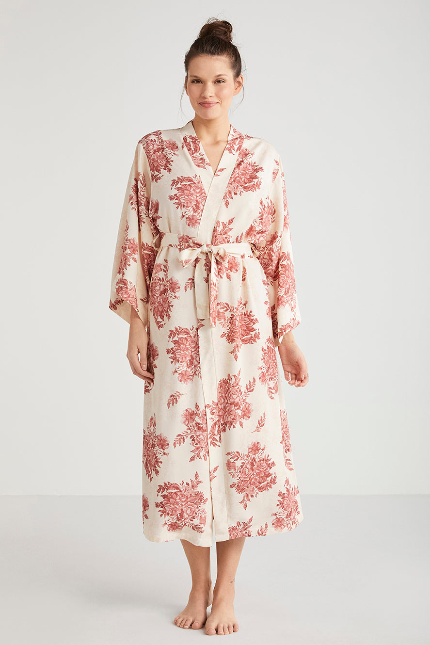 Ensemble nuisette rose poudre unie et robe de chambre imprimée floral CN