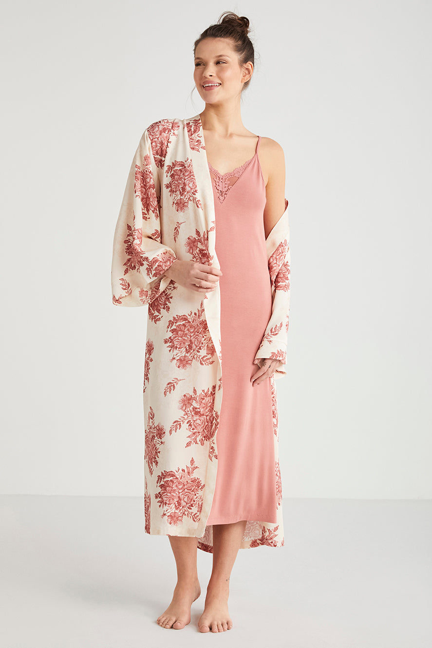 Ensemble nuisette rose poudre unie et robe de chambre imprimée floral CN