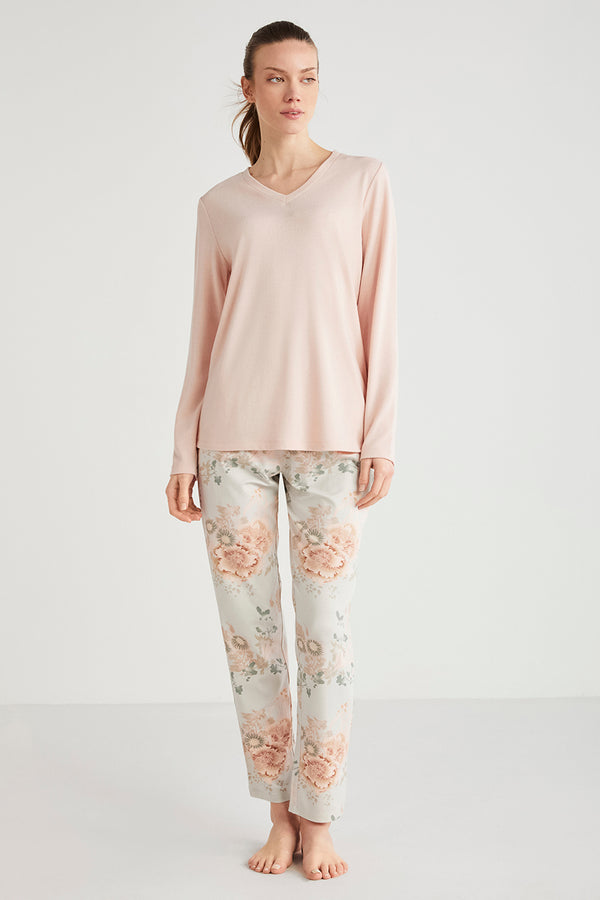 Pyjama à haut saumon uni et pantalon à motif floral