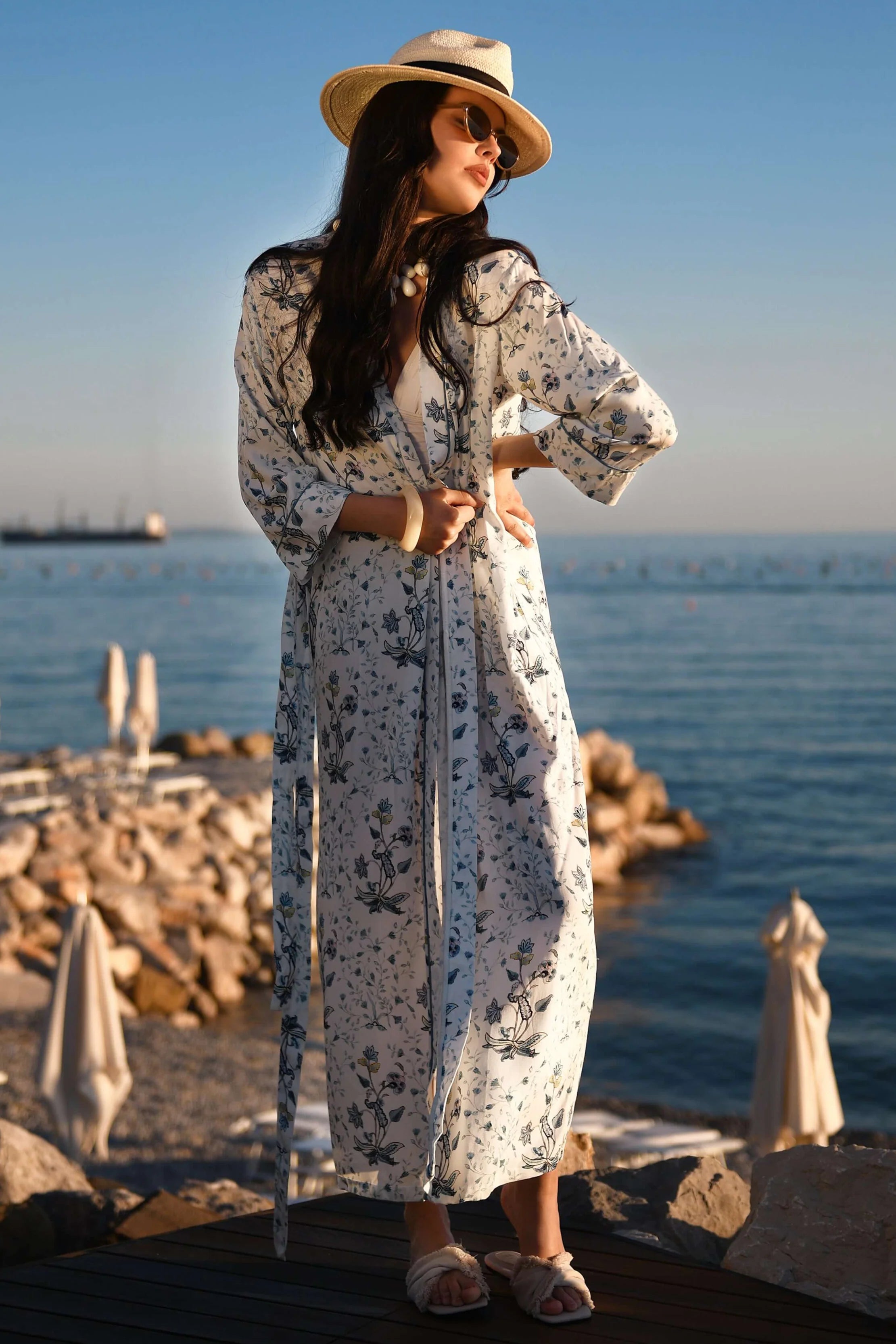 Matin d’Azur - Robe de chambre longue Fiori - Amplement gracieuse et luxueusement douce