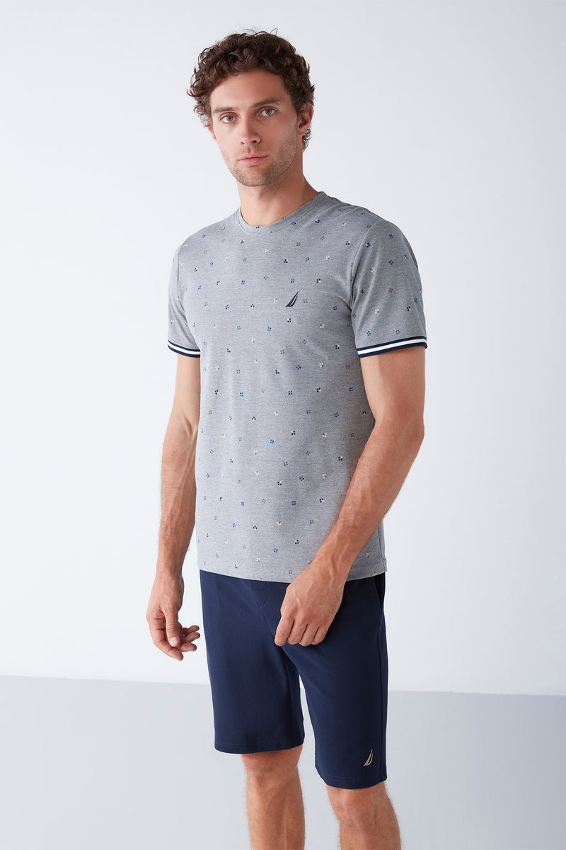 Ensemble t-shirt gris à motif losanges et short bleu uni NC
