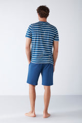 Pyjama short à t-shirt rayé et short bleu uni NC