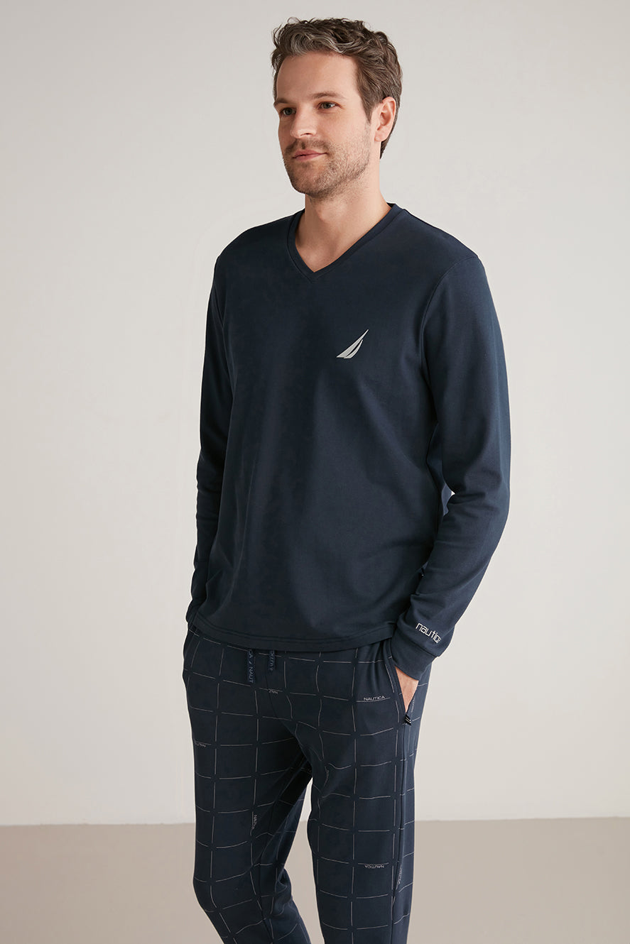 Pyjama homme Nautica bleu à haut uni et pantalon à carreaux