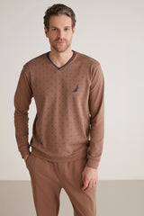 Pyjama homme Nautica camel à haut col en V et pantalon uni