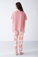 Pyjama à t-shirt rose uni et pantalon imprimé algues NC