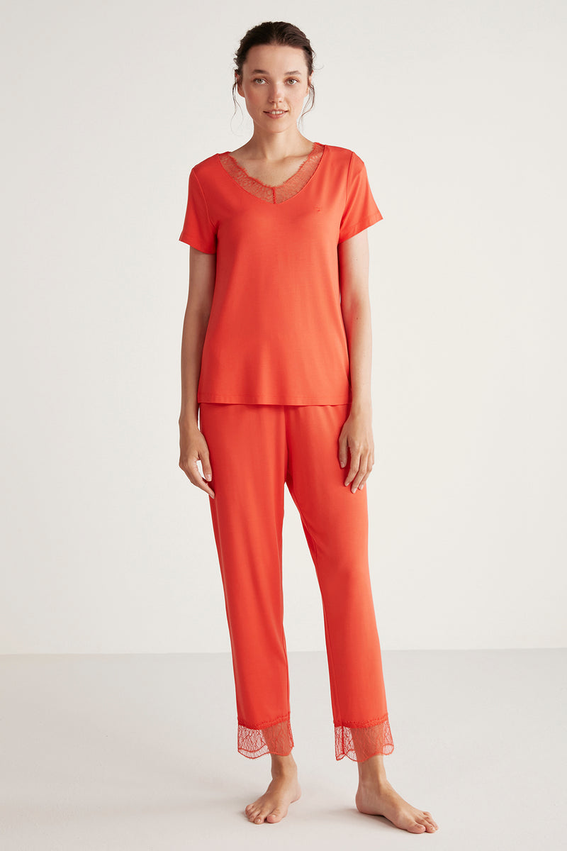 Pyjama femme orange uni à ornements en dentelle raffinée