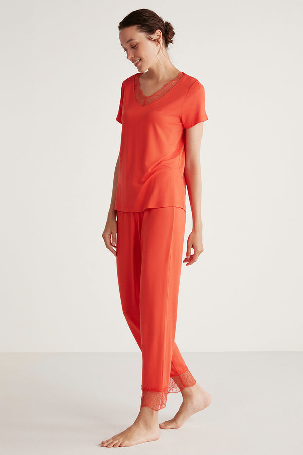 Pyjama femme orange uni à ornements en dentelle raffinée