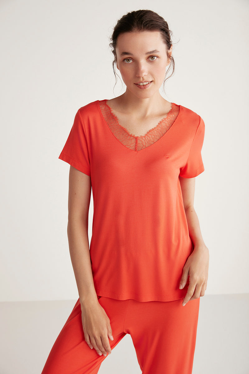 Pyjama femme orange uni à ornements en dentelle raffinée