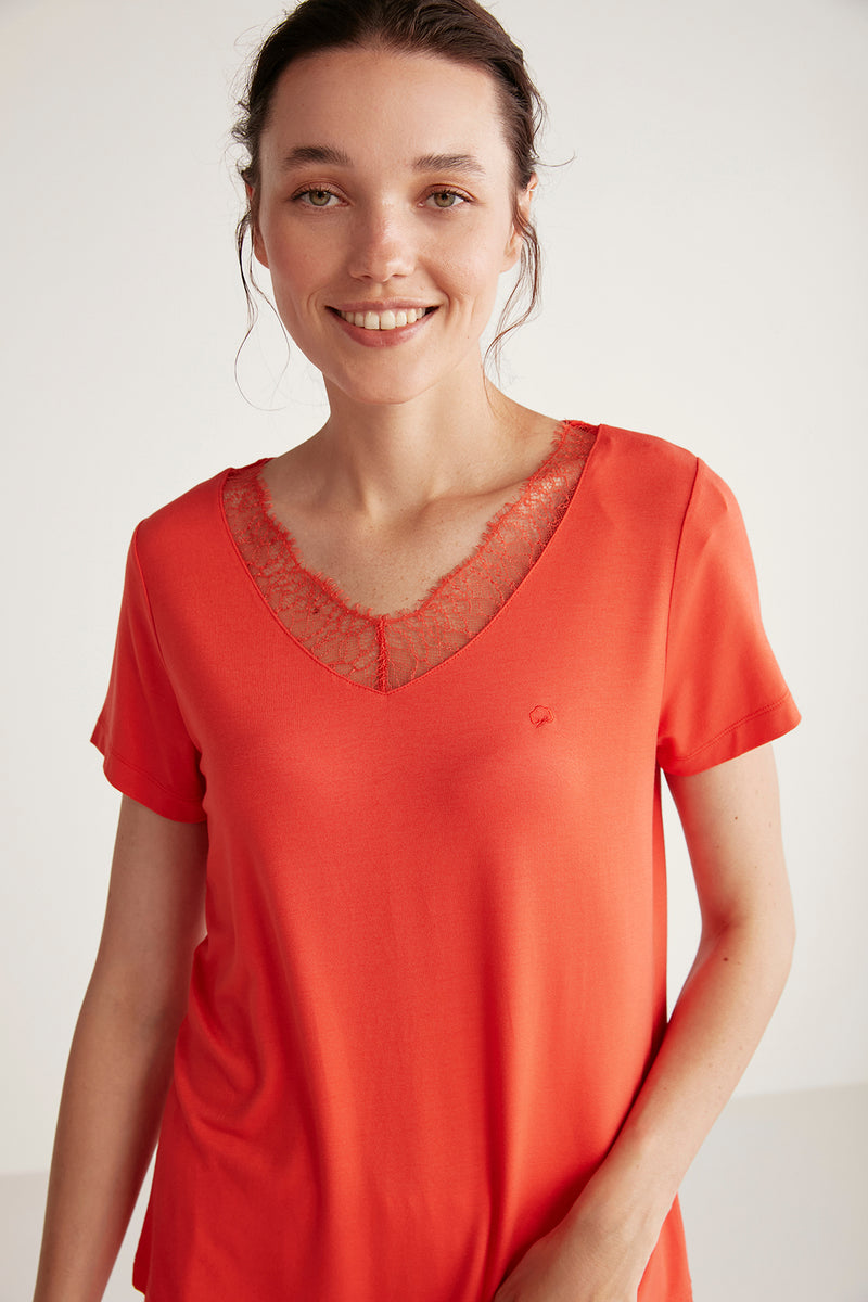 Pyjama femme orange uni à ornements en dentelle raffinée