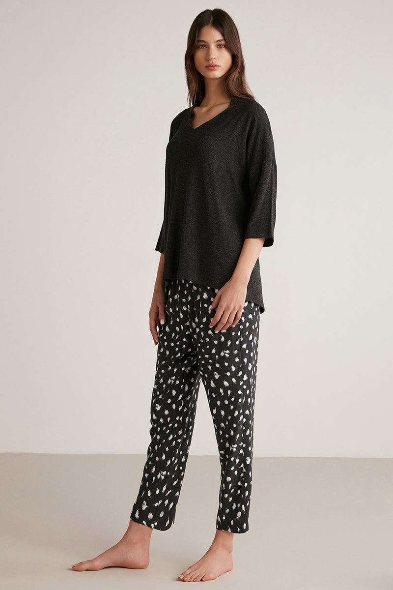 Pyjama à haut gris souris uni et pantalon imprimé