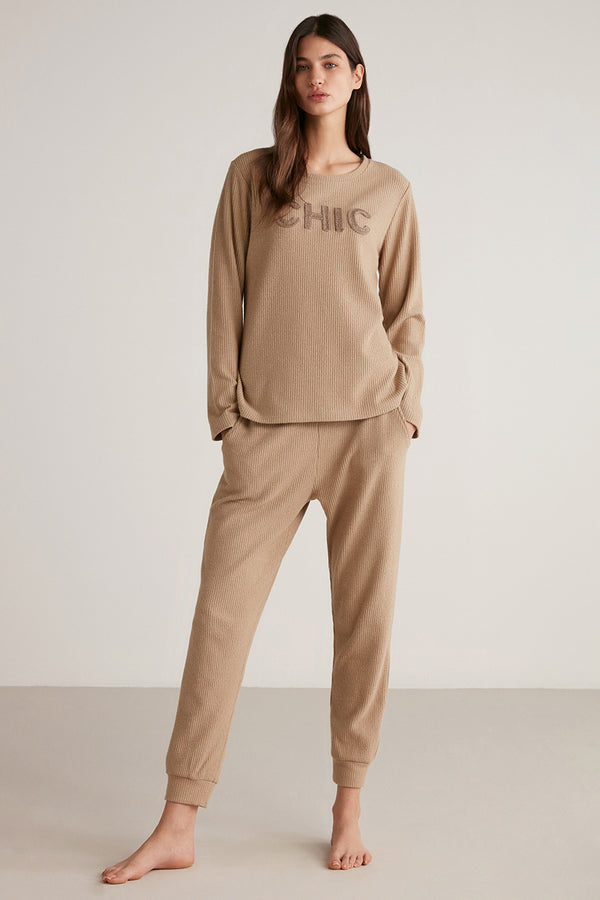 Pyjama femme beige foncé uni