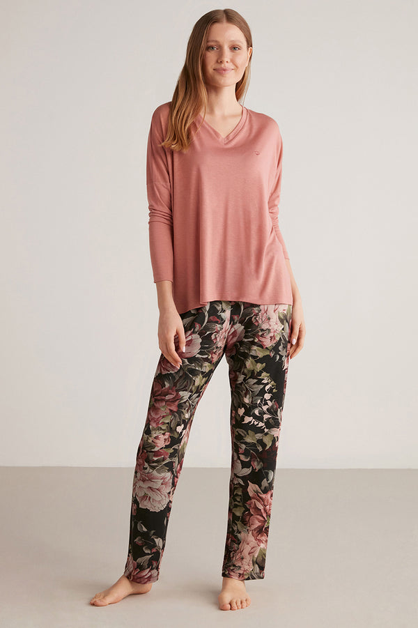 Pyjama à haut rose uni et pantalon à imprimé floral
