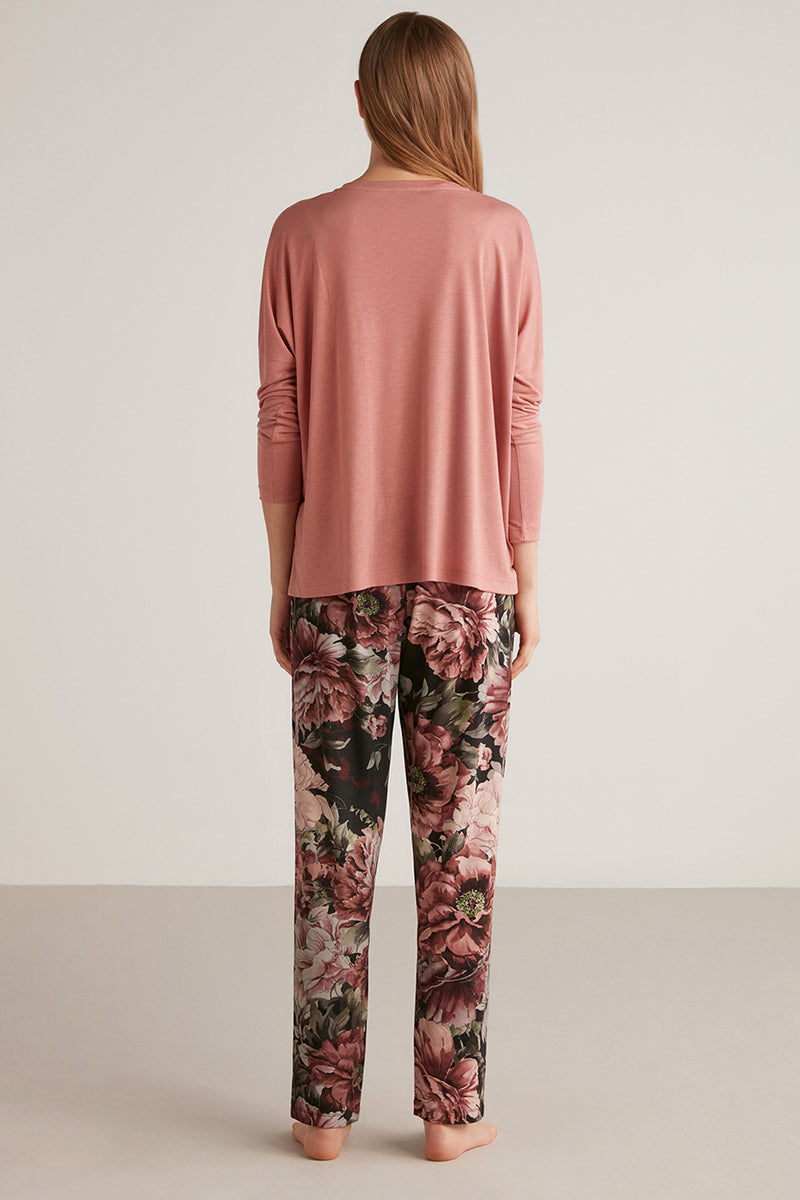 Pyjama à haut rose uni et pantalon à imprimé floral