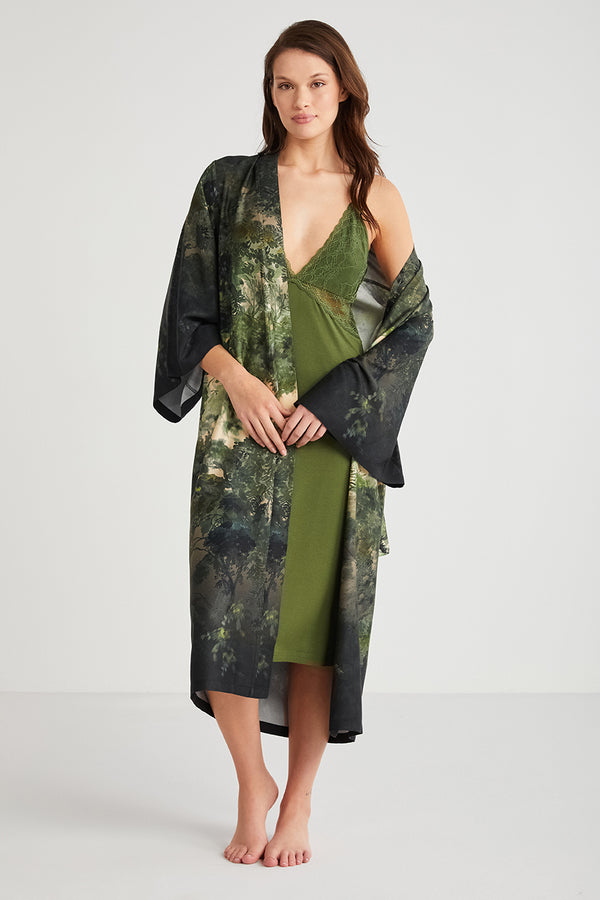 Ensemble nuisette vert bouteille unie et robe de chambre imprimée CN