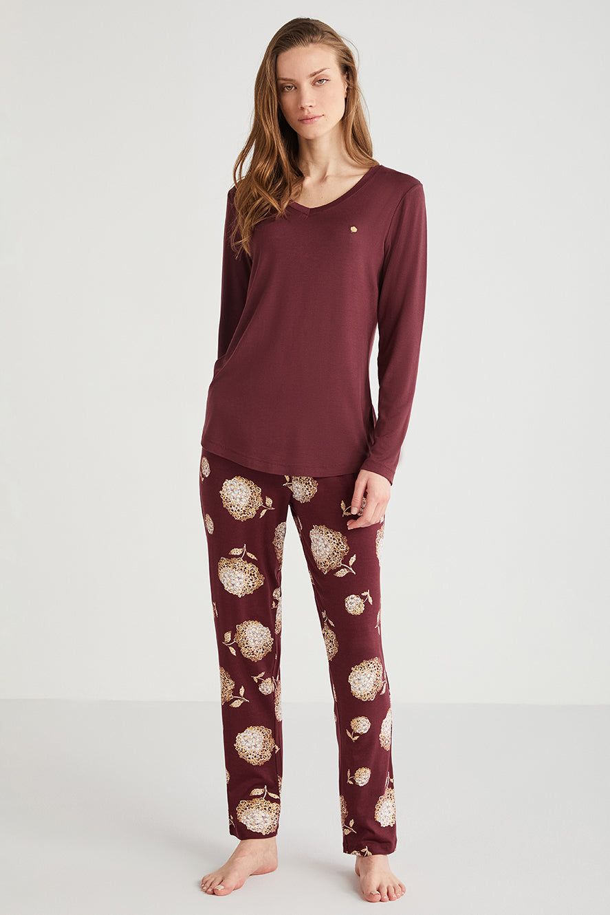 Pyjama à haut bordeaux uni et pantalon imprimé à motif floral CN