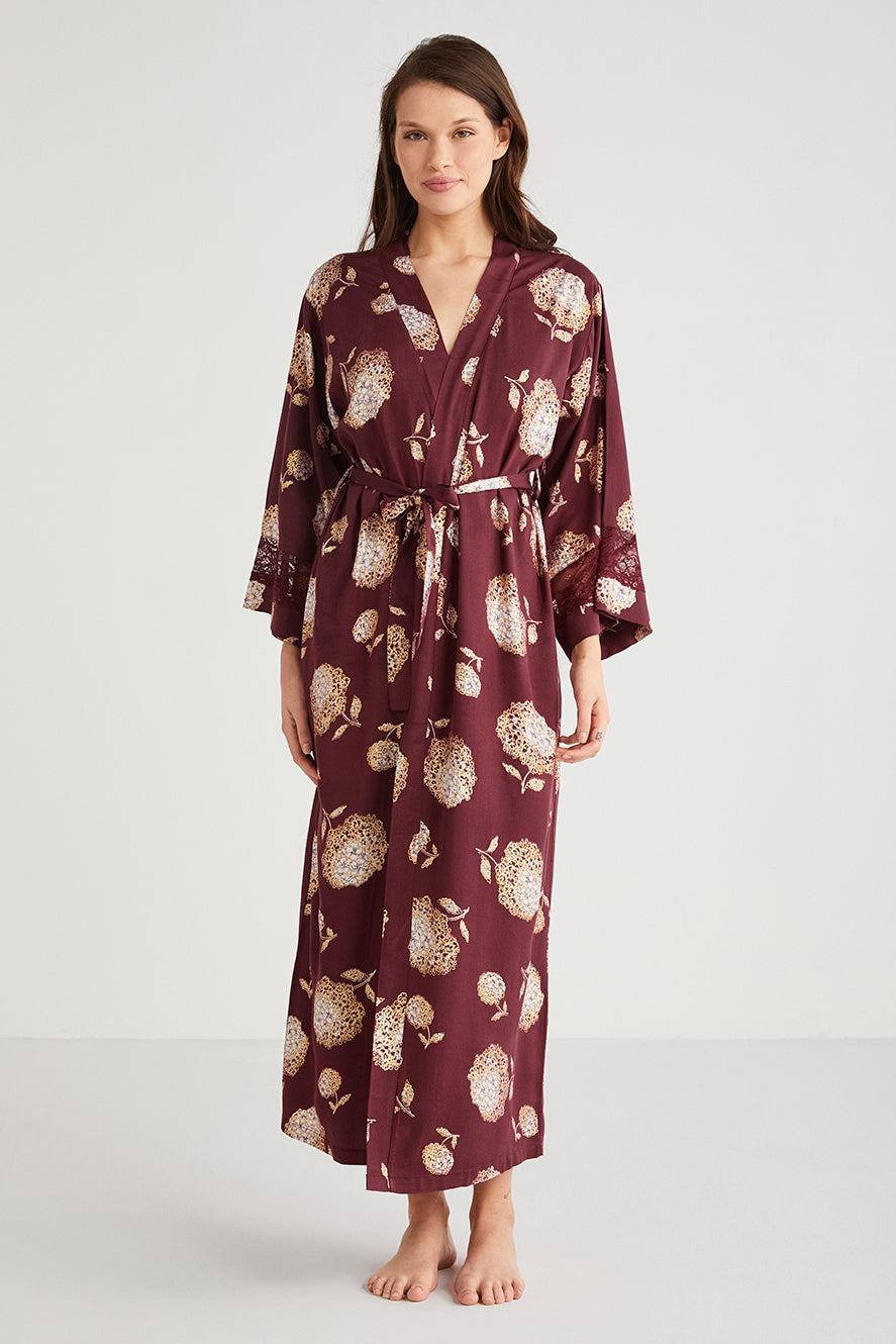 Ensemble nuisette bordeaux unie et robe de chambre imprimé à motif floral CN