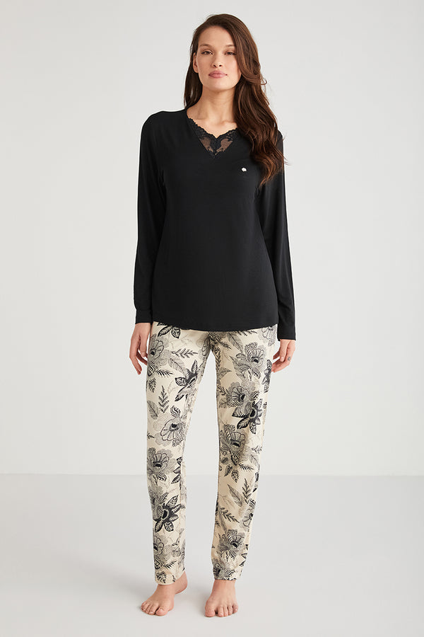 Pyjama à haut noir uni et pantalon imprimé à motif floral CN