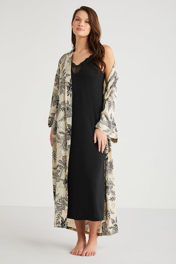 Ensemble nuisette noire unie et robe de chambre imprimée à motif floral CN