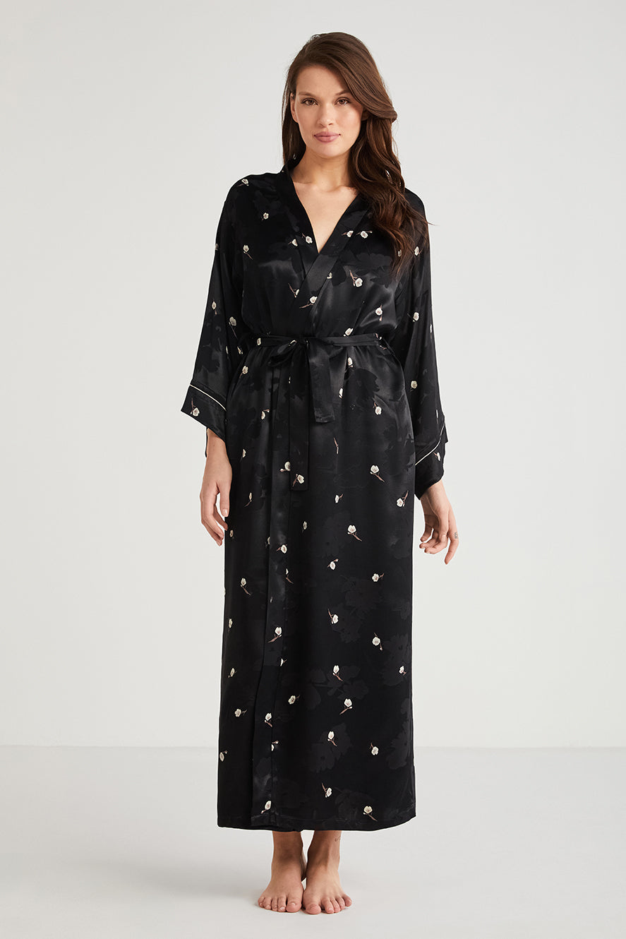 Ensemble nuisette noire unie et robe de chambre imprimée à motifs fleuris CN