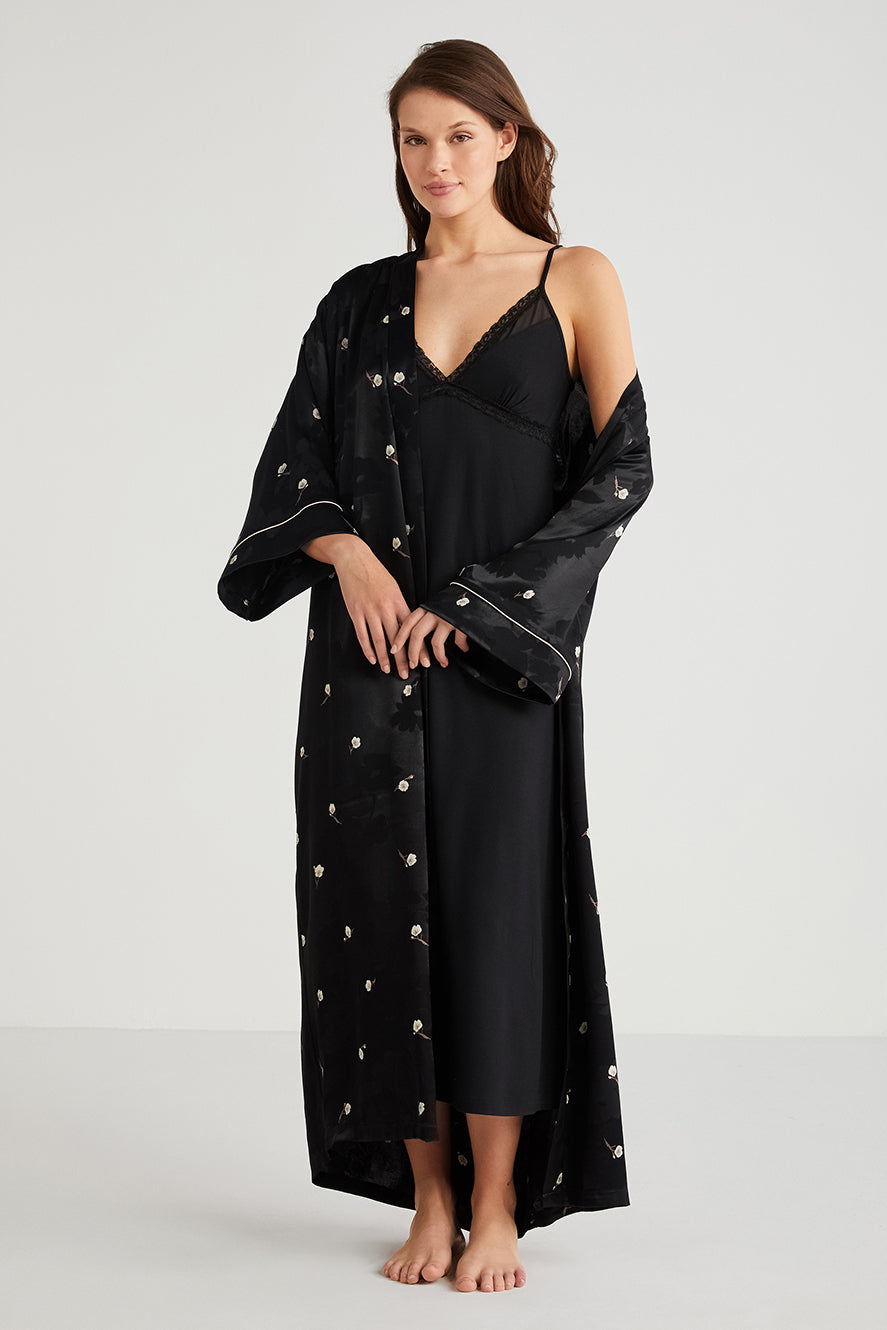 Ensemble nuisette noire unie et robe de chambre imprimée à motifs fleuris CN