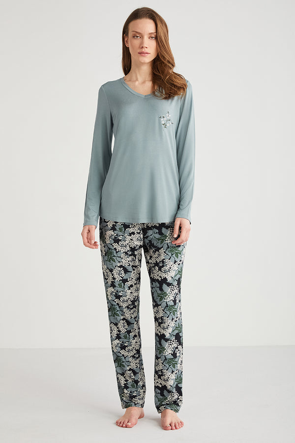 Pyjama bleu clair à pantalon imprimé motif fleuri CN