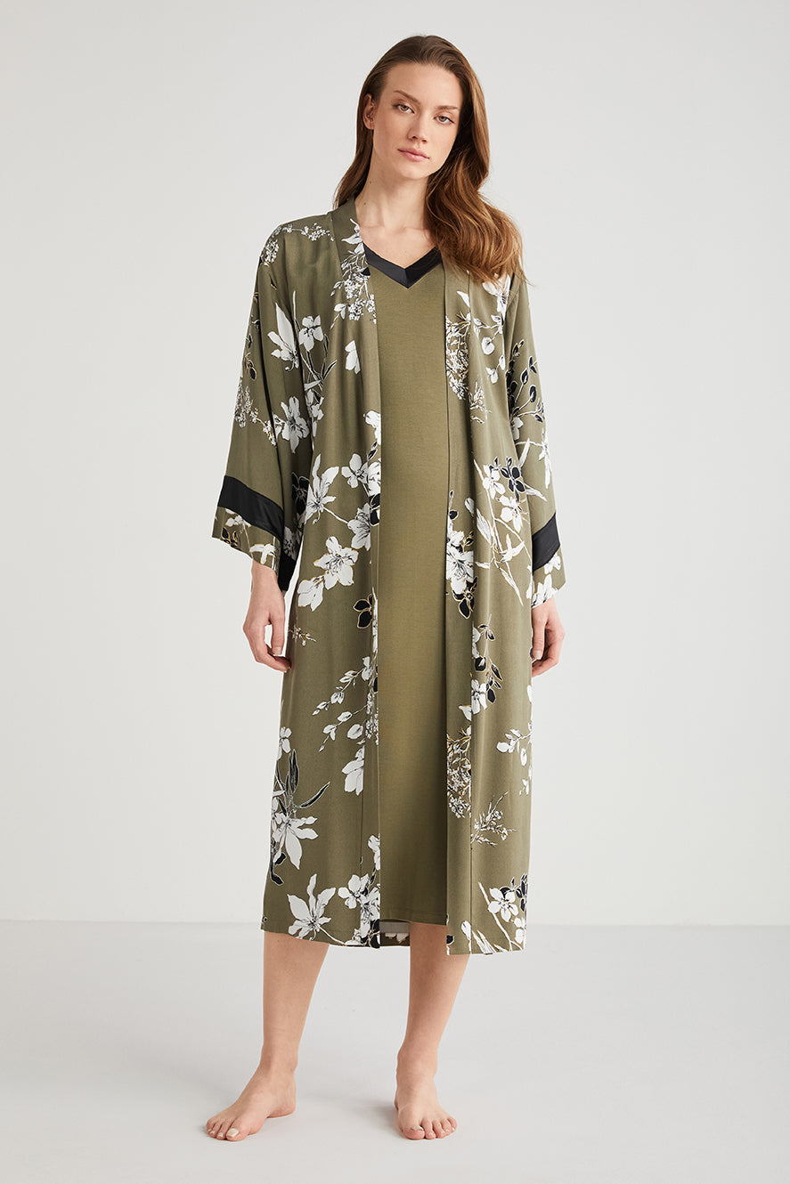 Ensemble robe demi manche verte unie et robe de chambre imprimée CN