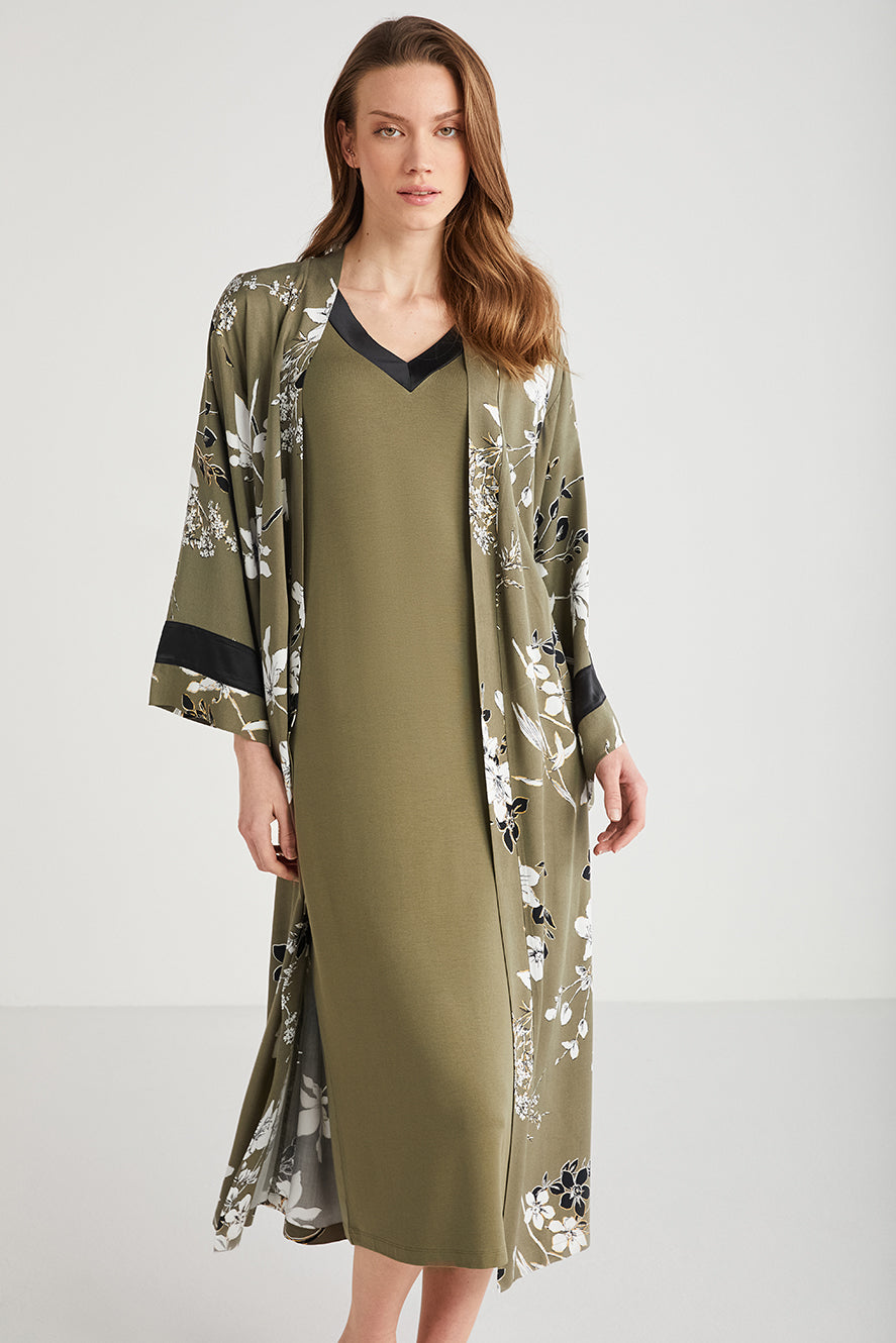 Ensemble robe demi manche verte unie et robe de chambre imprimée CN