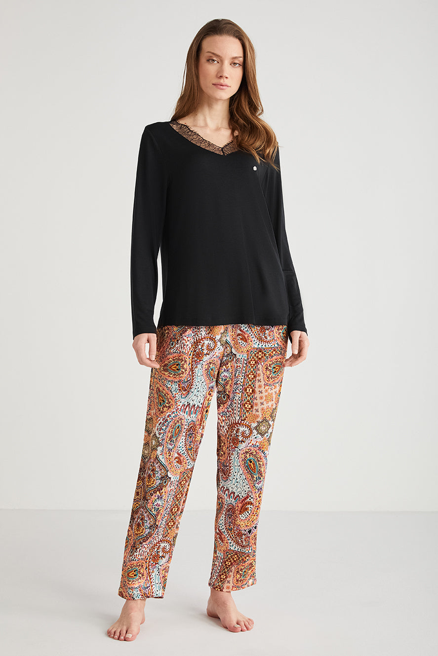 Pyjama à haut noir uni et pantalon imprimé à motif cachemire CN