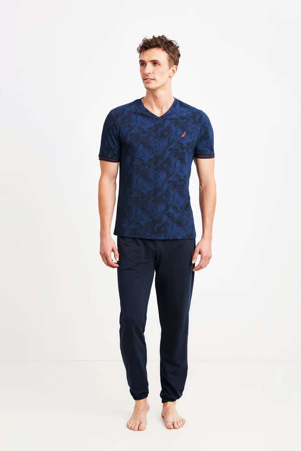 Pyjama homme bleu à t-shirt à motifs feuillages