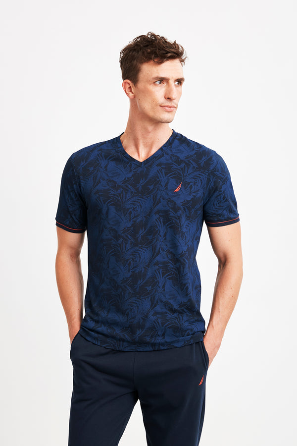 Pyjama homme bleu à t-shirt à motifs feuillages